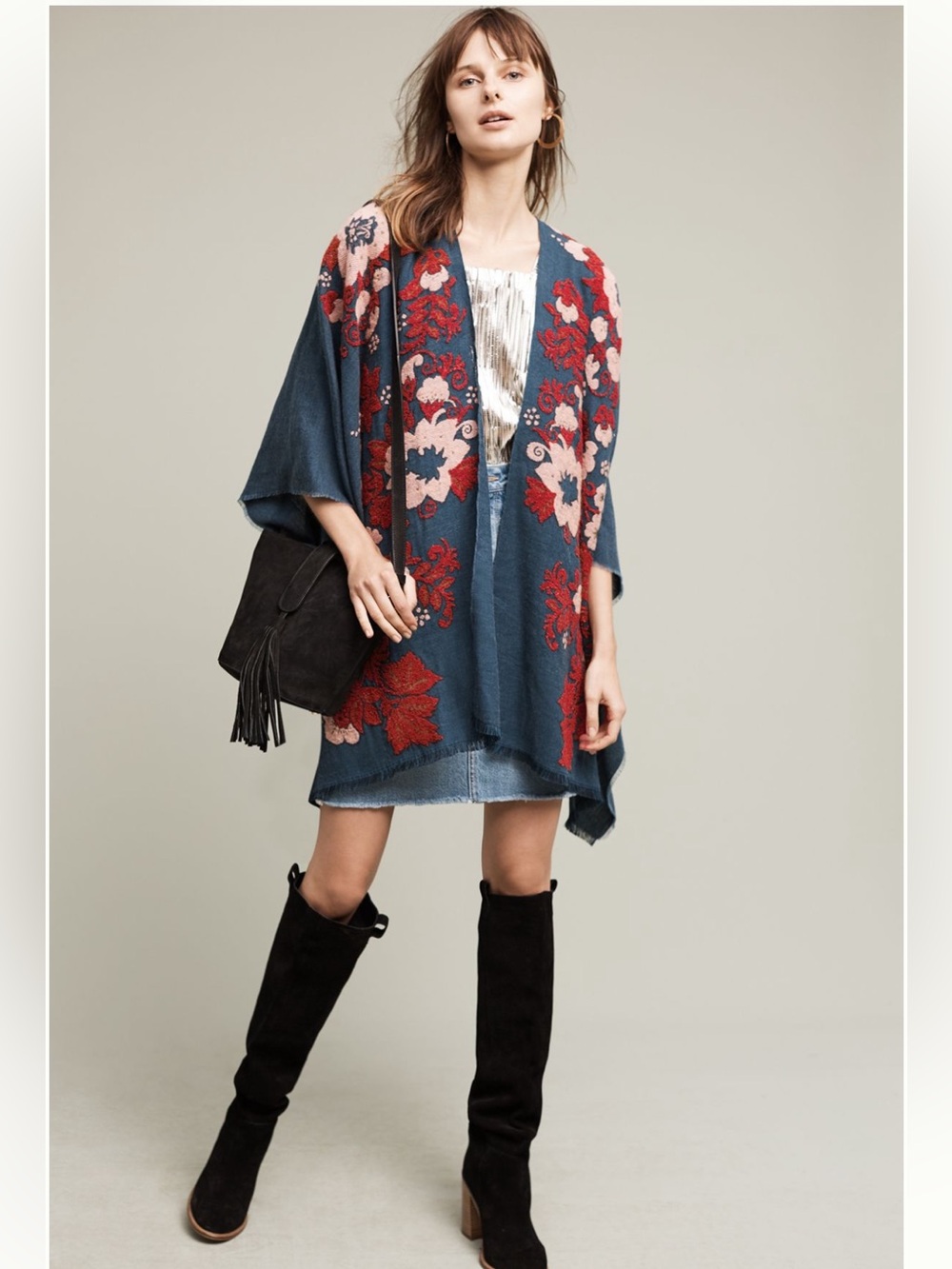 Anthropologie Floral denim blue Embroidered Kimono Shawl OS